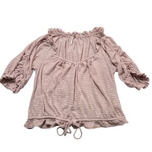 Free People Womens Medium Pink Ruffle Trim Drawstring 3/4 Sleeve Top‎